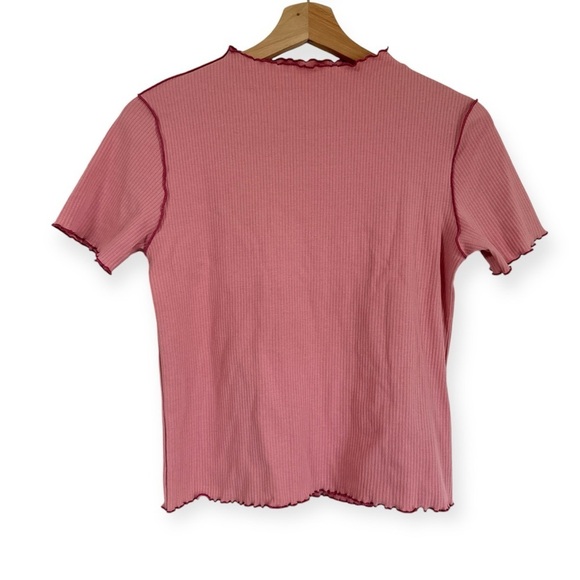GU Y2K Mockneck Lettuce Hem Pink Ribbed Stretchy Baby Tee Size M Women’s 90s - Picture 1 of 6